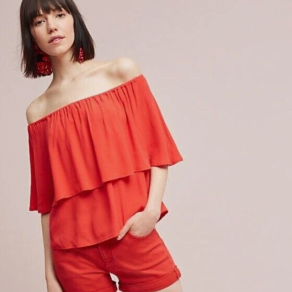 Holding Horses Top Women M Medium Anthropologie Red Ruffles Off Shoulder Overlap - Picture 13 of 14